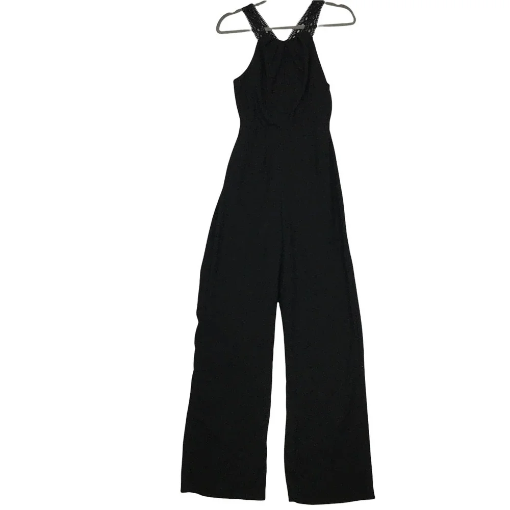 New Lush Lace Trim Black Jumpsuit Size Small - Picture 2 of 13